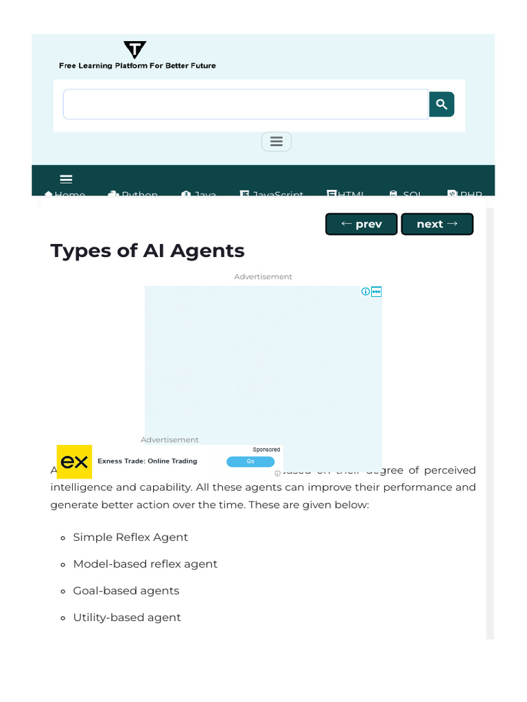 Types of AI Agents - Javatpoint | PDF | Cognitive Psychology | Neuroscience