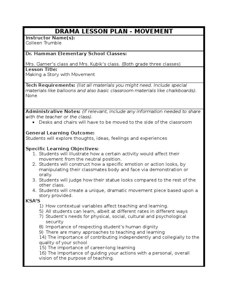 Drama Lesson Plan Movement Based Grade 3 4 Lesson Plan Teachers