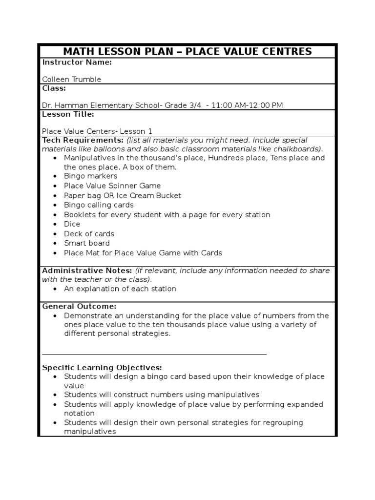 Math Lesson Plan Place Values Grade 3/4 | PDF | Lesson Plan | Teachers