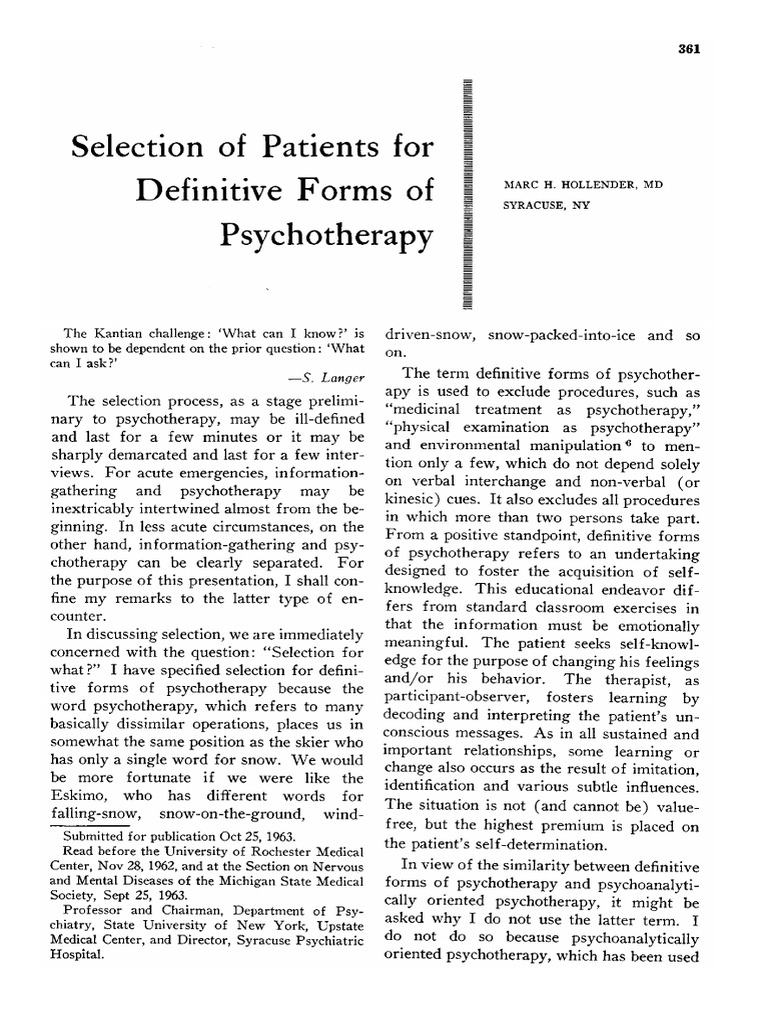 Selection of Patients For Definitive Forms of Psychotherapy | PDF ...