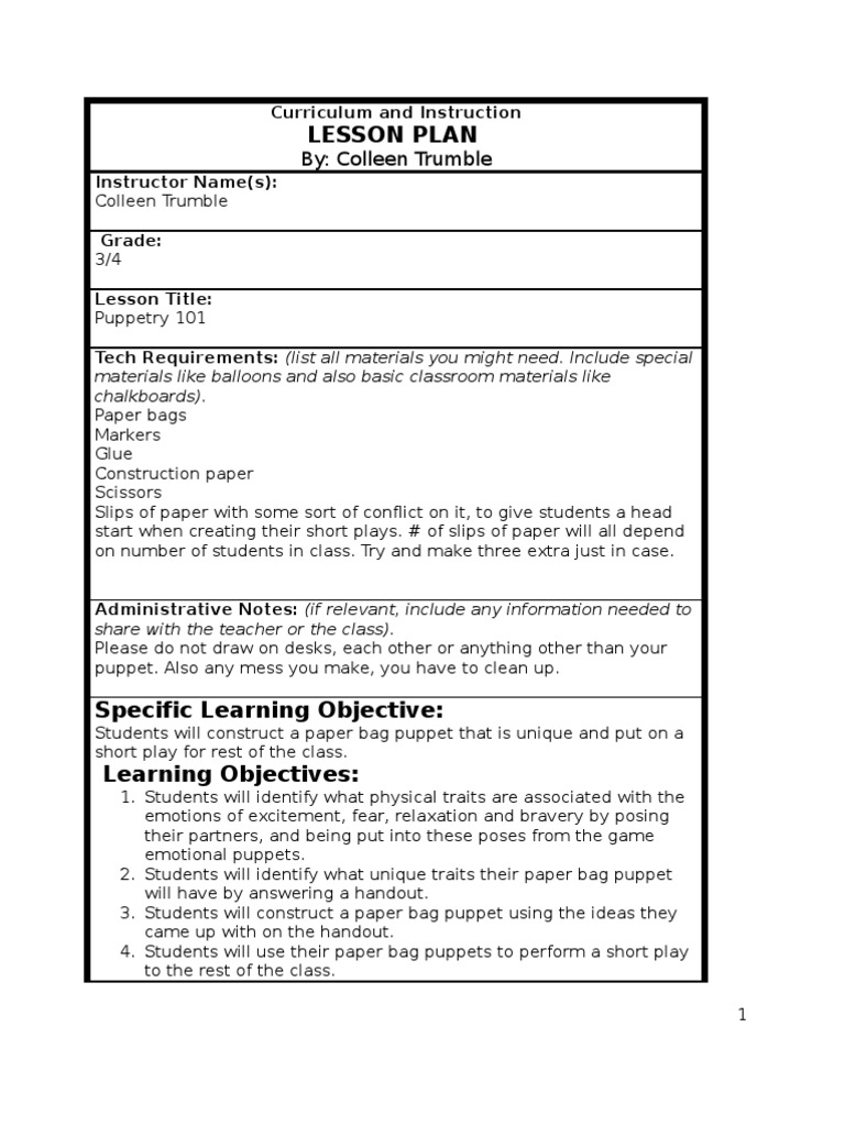 Puppetry Lesson Plan Lesson Plan Puppetry