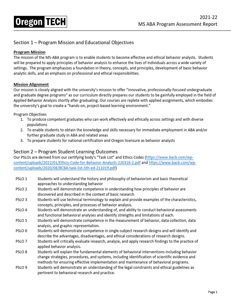 MS ABA Program Assessment Report 2021-22 | PDF | Behaviorism | Analysis