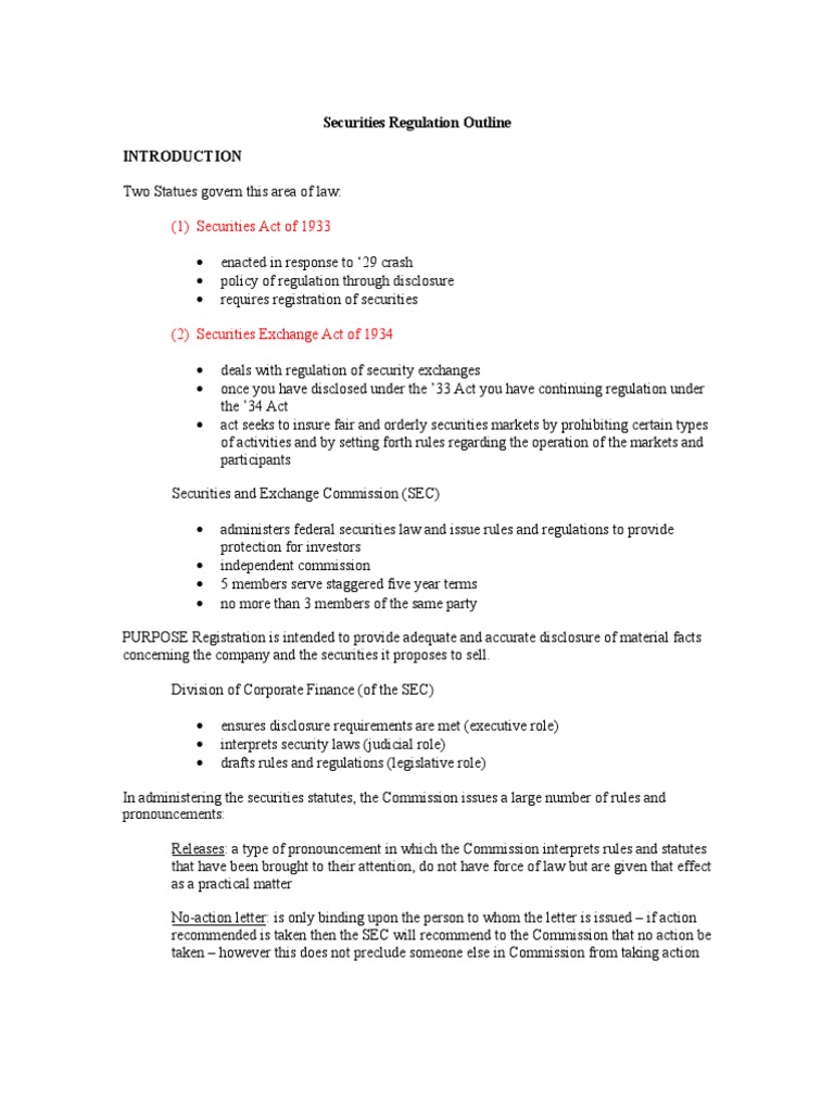 Securities Regulation Outline Securities Finance - 