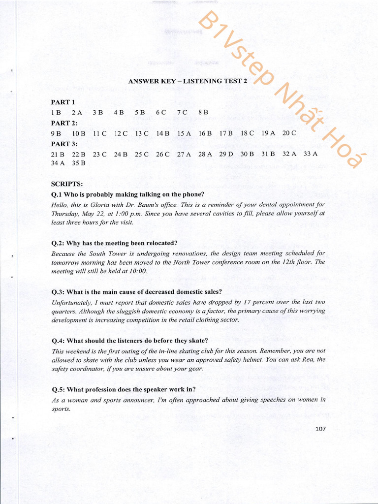 Đáp Án Nghe Test 2 | PDF