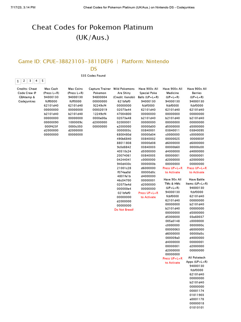 Pokémon Platinum Cheat Codes Guide | PDF | Nintendo Franchises | Pokémon