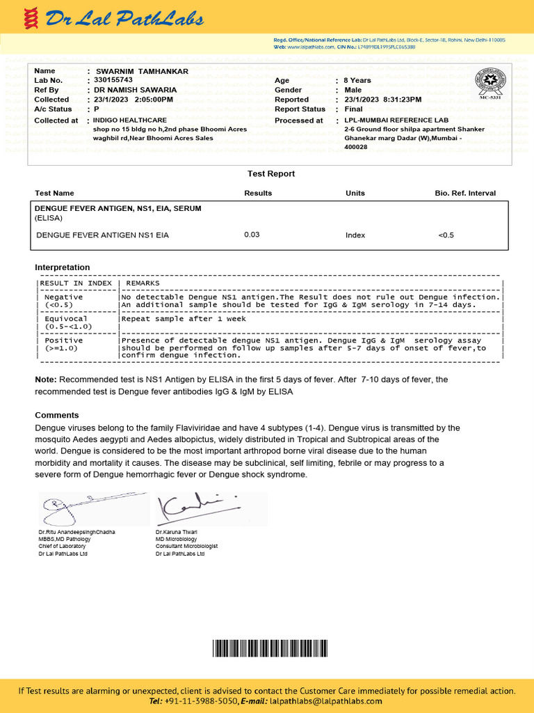 Tamhankar Swarnim Dengue NS1 Report | PDF | Medical Specialties ...
