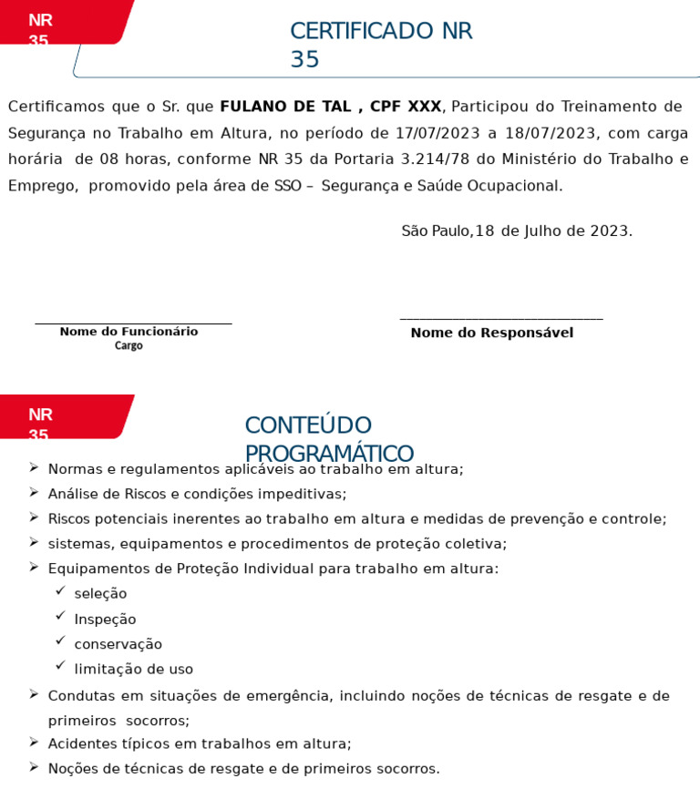Certificado de Treinamento NR 35 | PDF