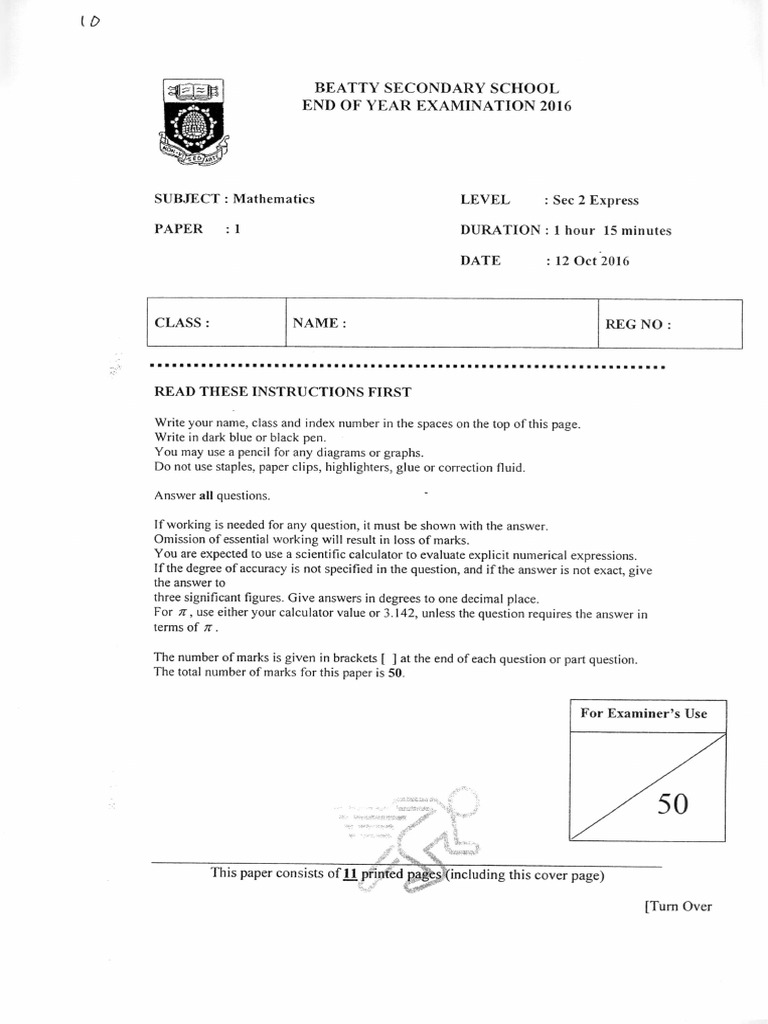 2016 Sec 2 Express Maths SA2 Beatty Secondary School | PDF