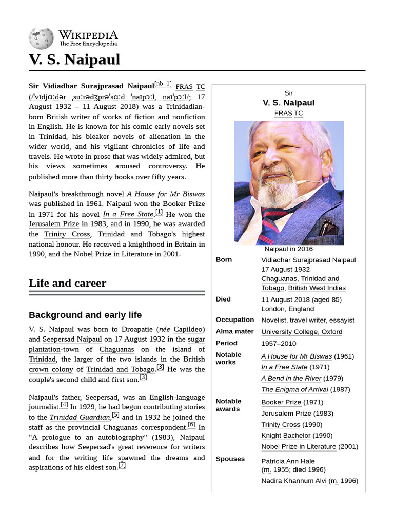 V. S. Naipaul: Life and Achievements | PDF