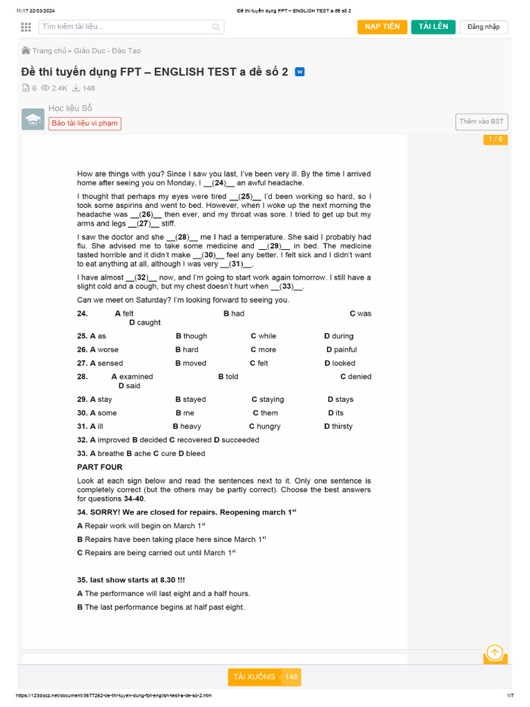 Đề thi tuyển dụng FPT - ENGLISH TEST a đề số 2 | PDF