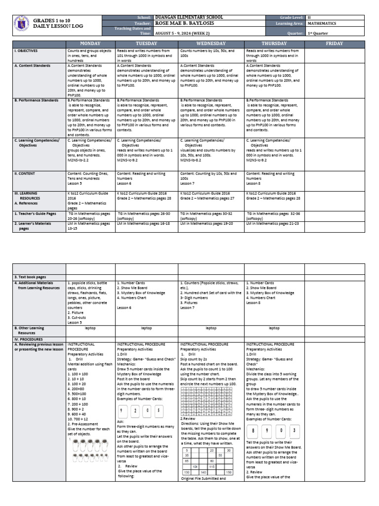 Grade 2 Math Daily Lesson Plan | PDF | Curriculum | Natural Number