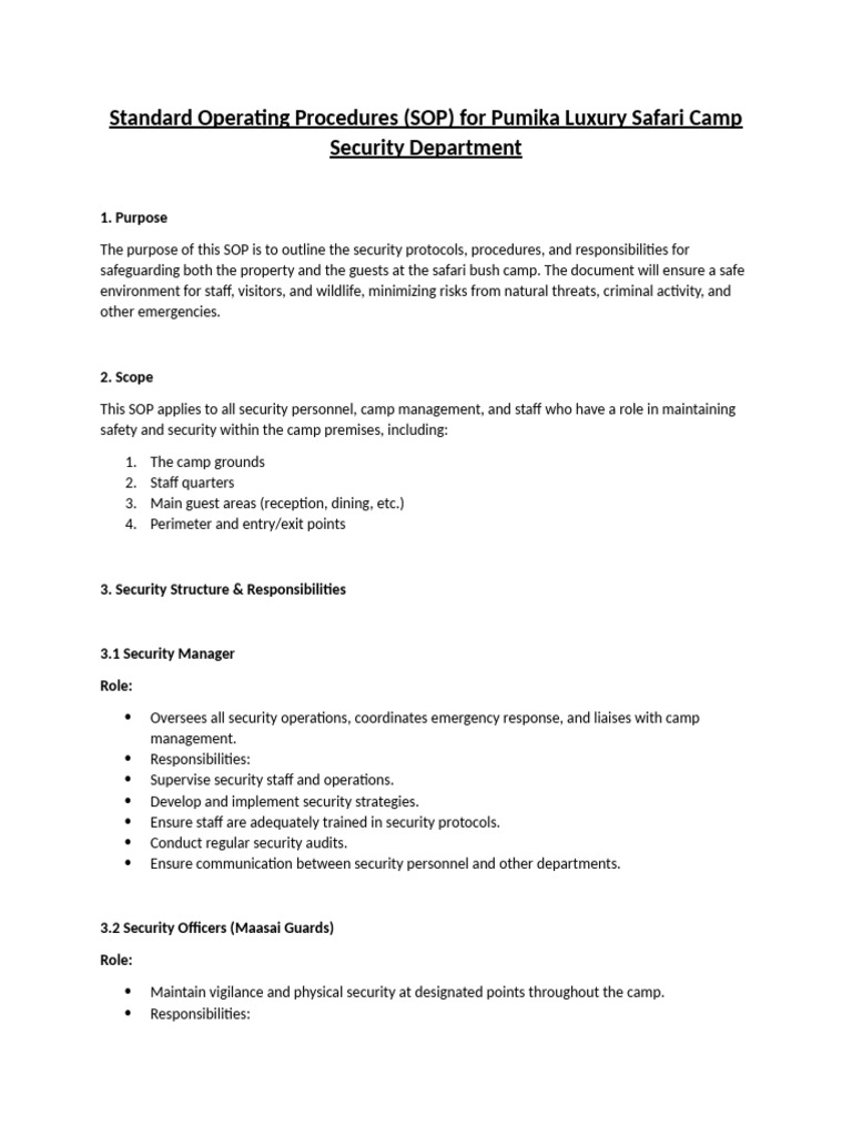 Standard Operating Procedure Security Depertment | PDF | Emergency ...