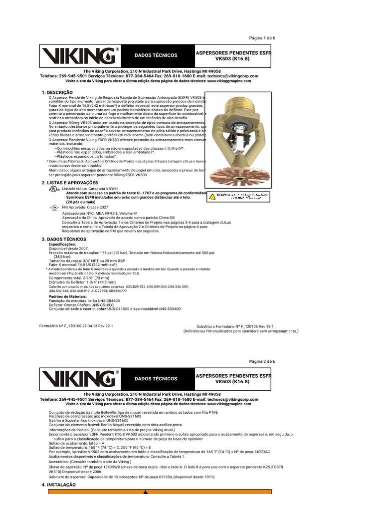 Aspersor ESFR VK503: Dados Técnicos | PDF | Temperatura | Corrosão