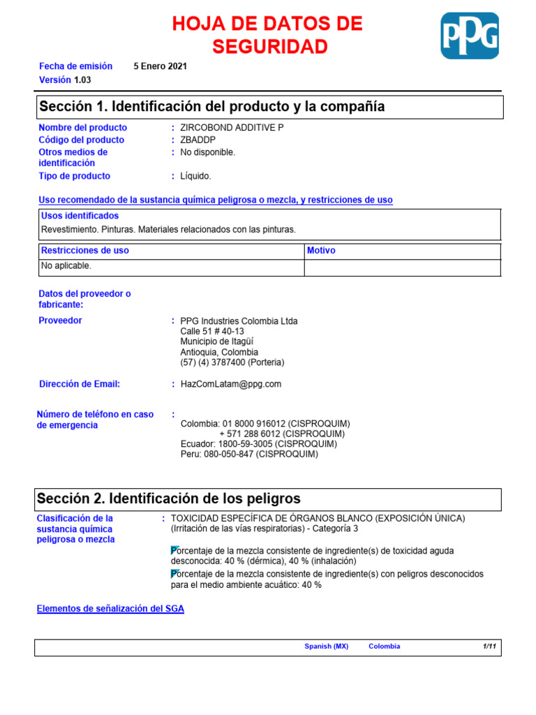 Hoja de Seguridad: Zircobond Additive P | PDF | Reciclaje | Residuos