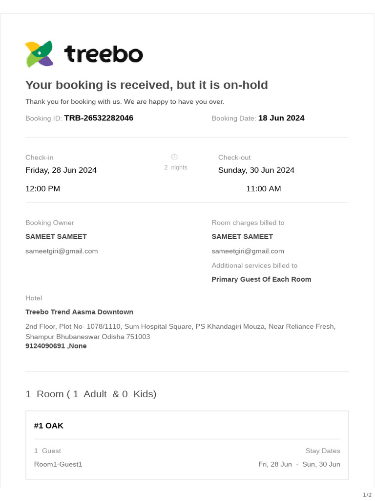 Booking Confirmation: On-Hold Status | PDF