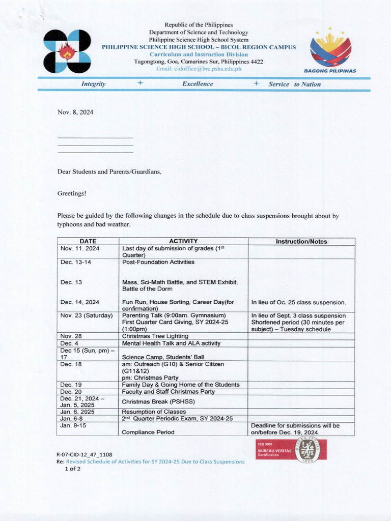 CID Letter No. 47 S. 2024 - Re Revised Schedule of Activities For SY ...