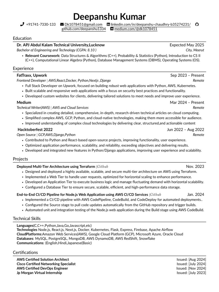 Deepanshu Kumar: Full Stack Developer Profile | PDF | Cloud Computing ...