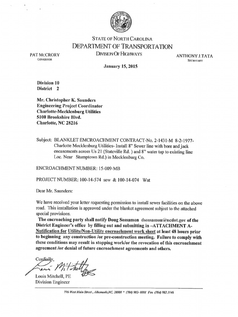Approved Encroachment From Ncdot | PDF