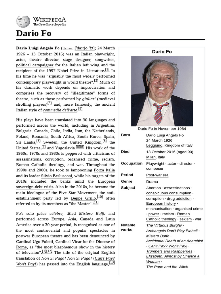 Dario Fo: Icon of Italian Theatre | PDF