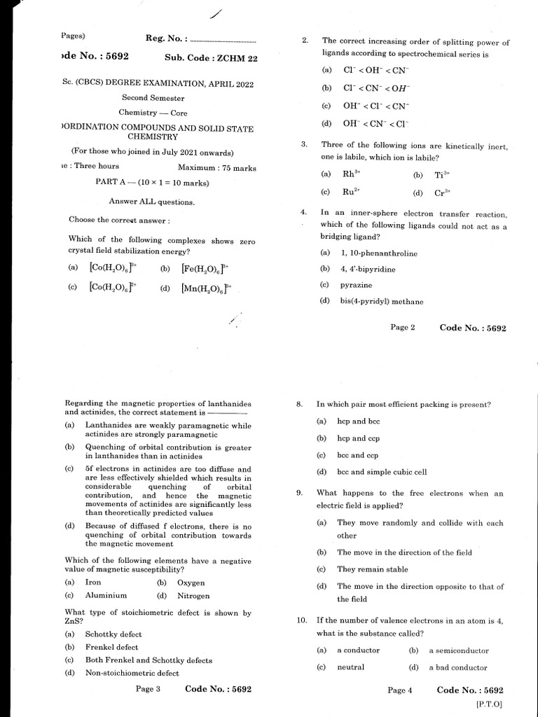 ZCHM22 Coordination Compounds and Solid State Chemistry | PDF