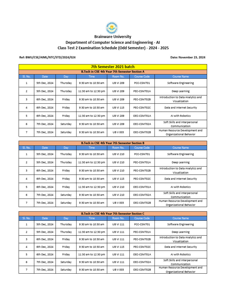 2024-2025 ODD Schedule - Class Test 2 - CSE - SEM VII | PDF ...