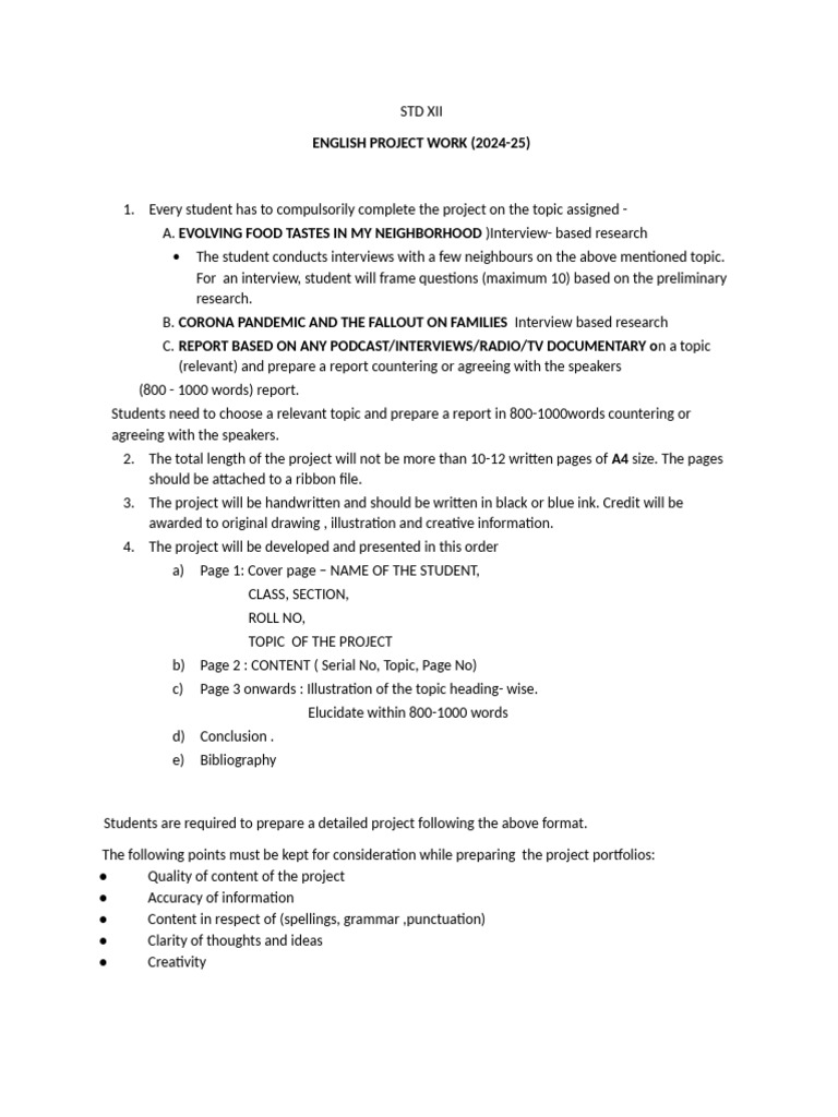 English Project Guidelines for XII Std | PDF | Art