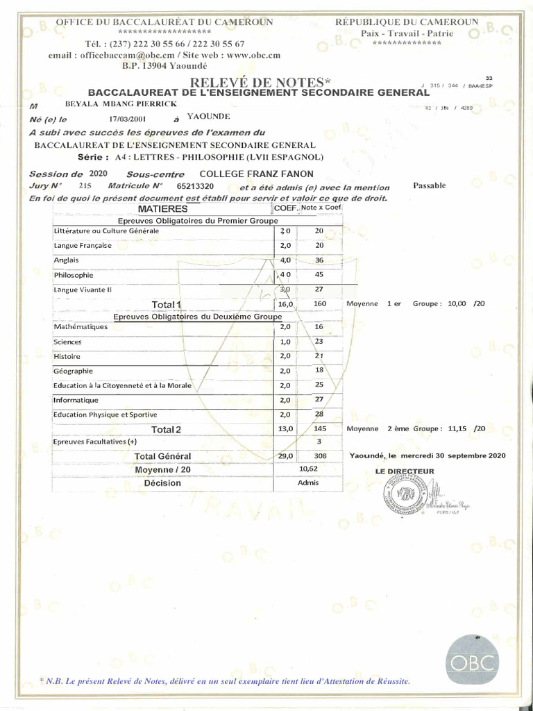 Relevé de Notes Bac Cameroun 2020 | PDF | Enseignement secondaire | Écoles