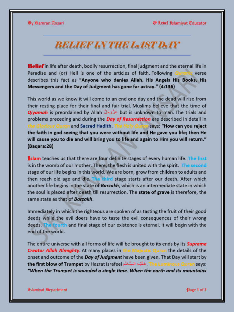 A.f-5 Belief in The Last Day | PDF | Afterlife | Religious Belief And ...