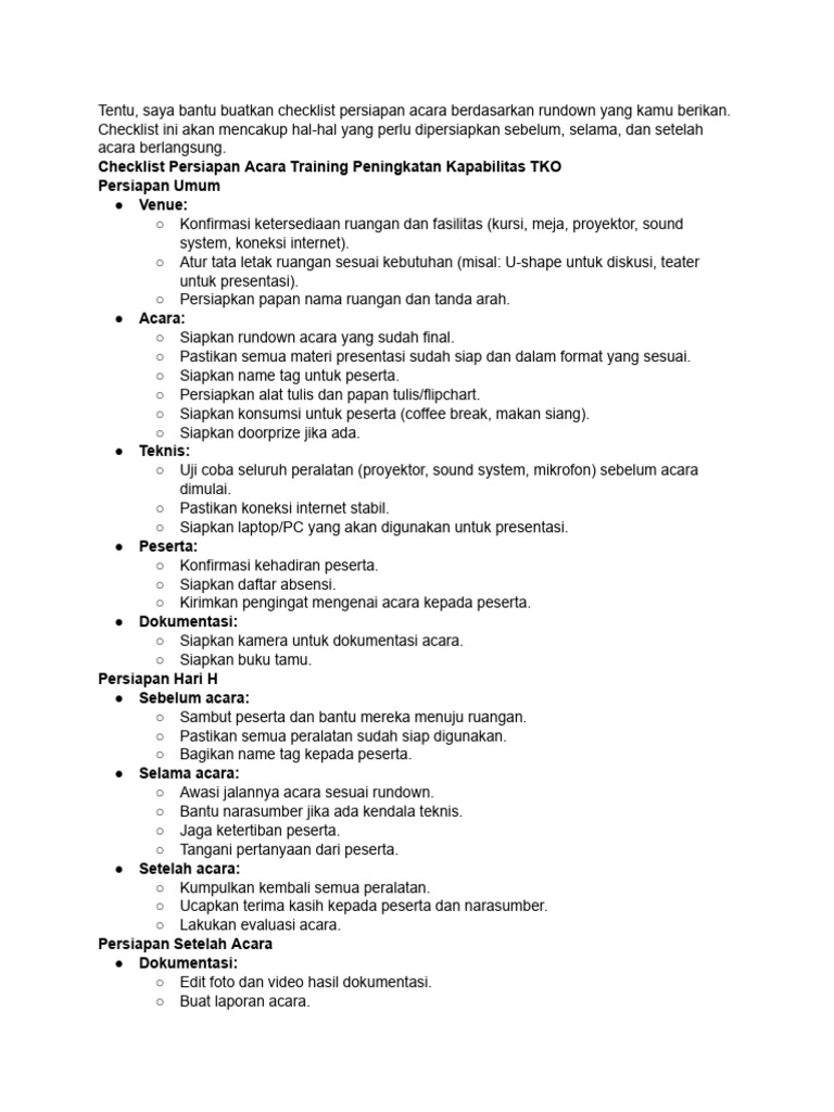Checklist Persiapan Acara Training TKO | PDF