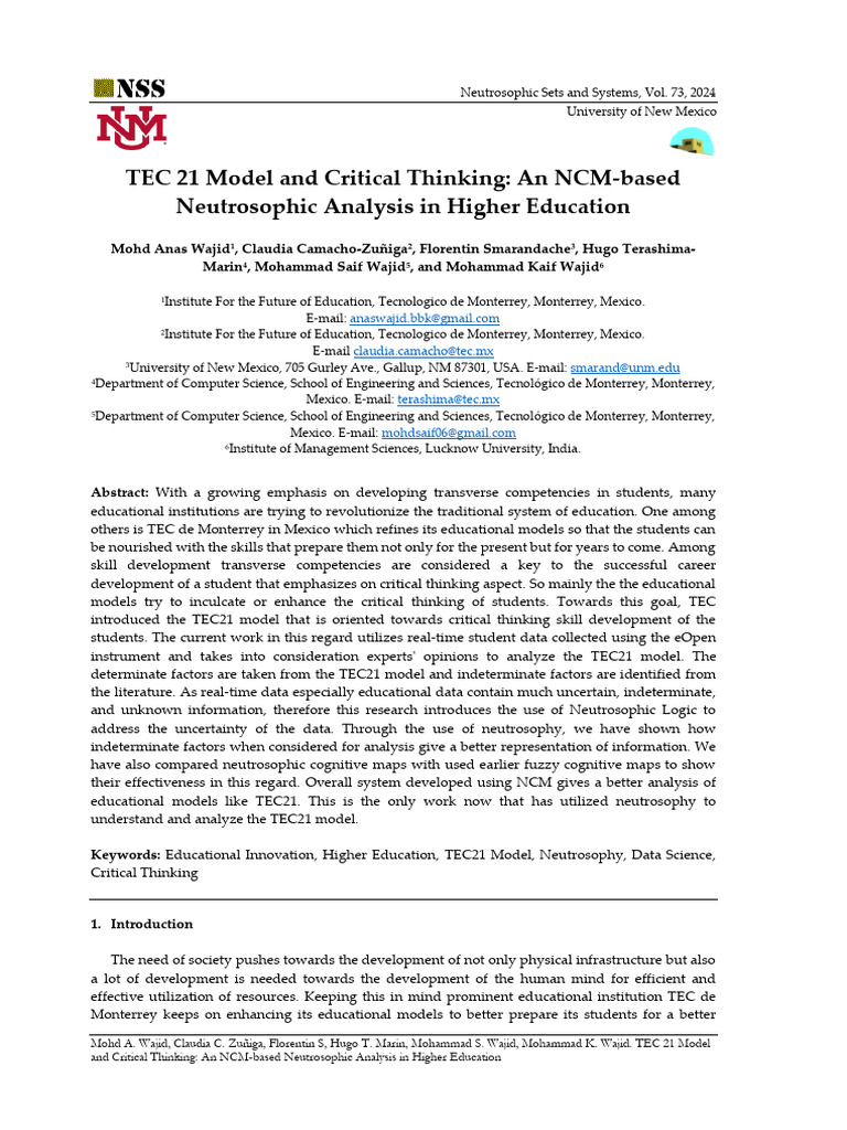TEC 21 Model and Critical Thinking: An NCM-based Neutrosophic Analysis ...