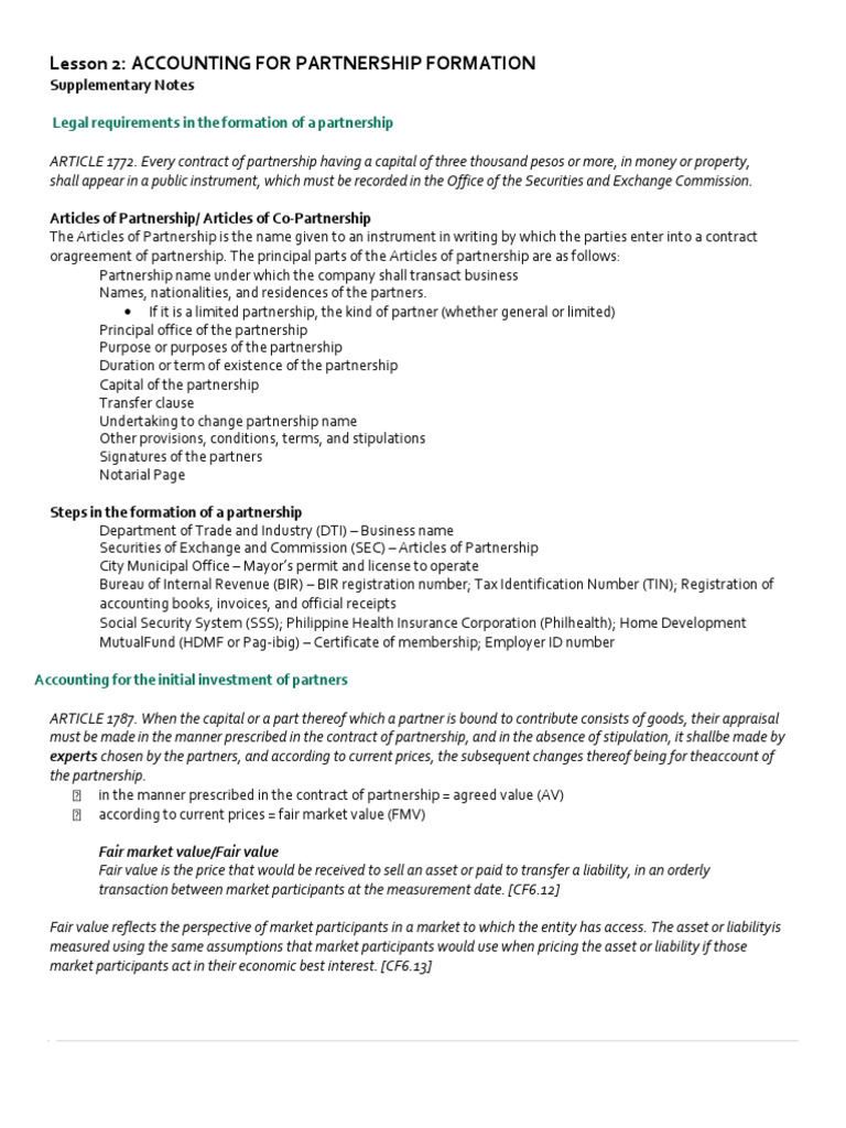 ACCTG 1105 1S2223 Lesson2 (Supplements) | PDF | Partnership | Fair Value