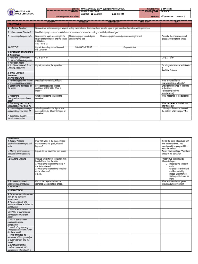 Grade 3 Science Daily Lesson Log | PDF | Learning | Teachers