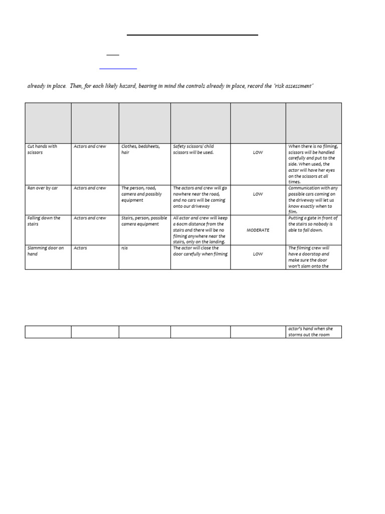 Film Production Risk Assessment Template | PDF | Risk | Scissors
