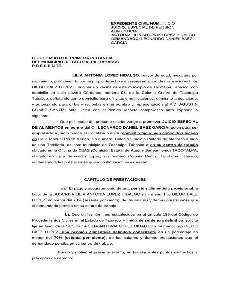 Demanda de Alimentos en Tacotalpa | PDF | Pensión alimenticia