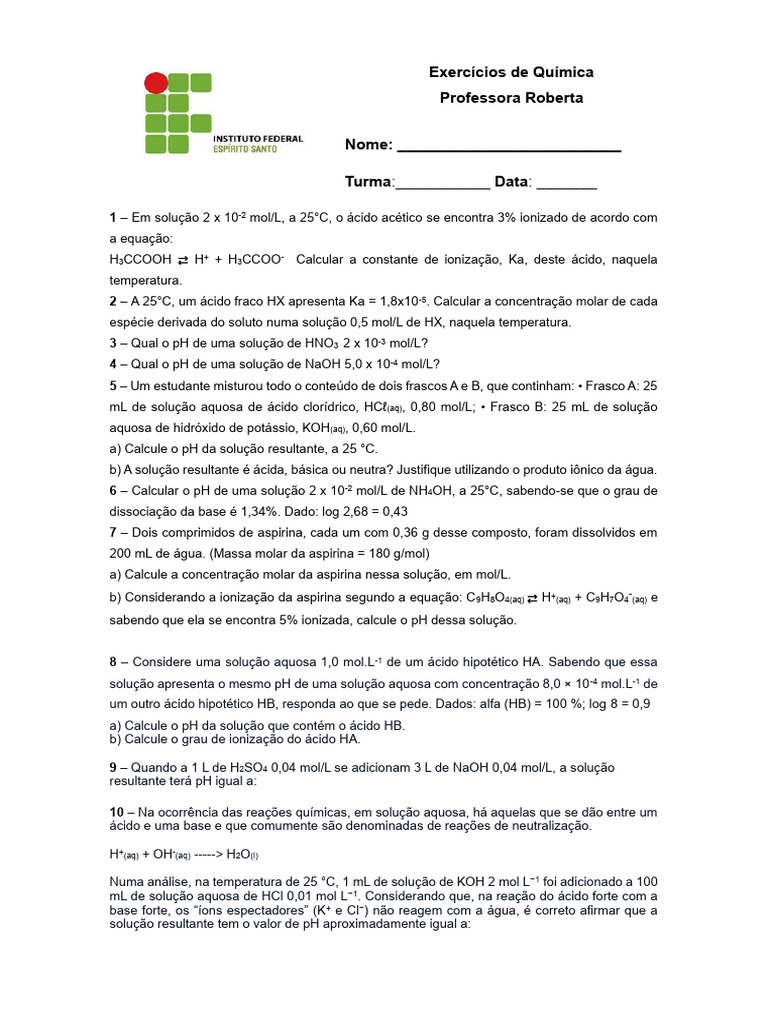 Lista de Exercícios - Equilíbrio Iônico - 3 - 241127 - 112758 | PDF ...