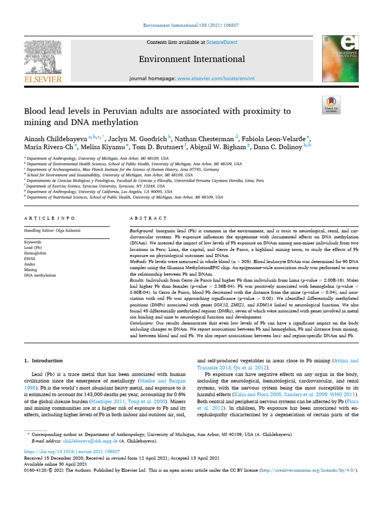 Blood Lead Levels and DNA Methylation in Peru | PDF | Epigenetics | Lead