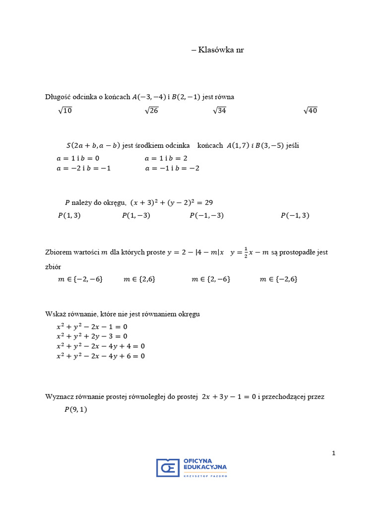 2019 3 Klasowka kl2 Geom Analityczna ZP Ab Wer4 | PDF