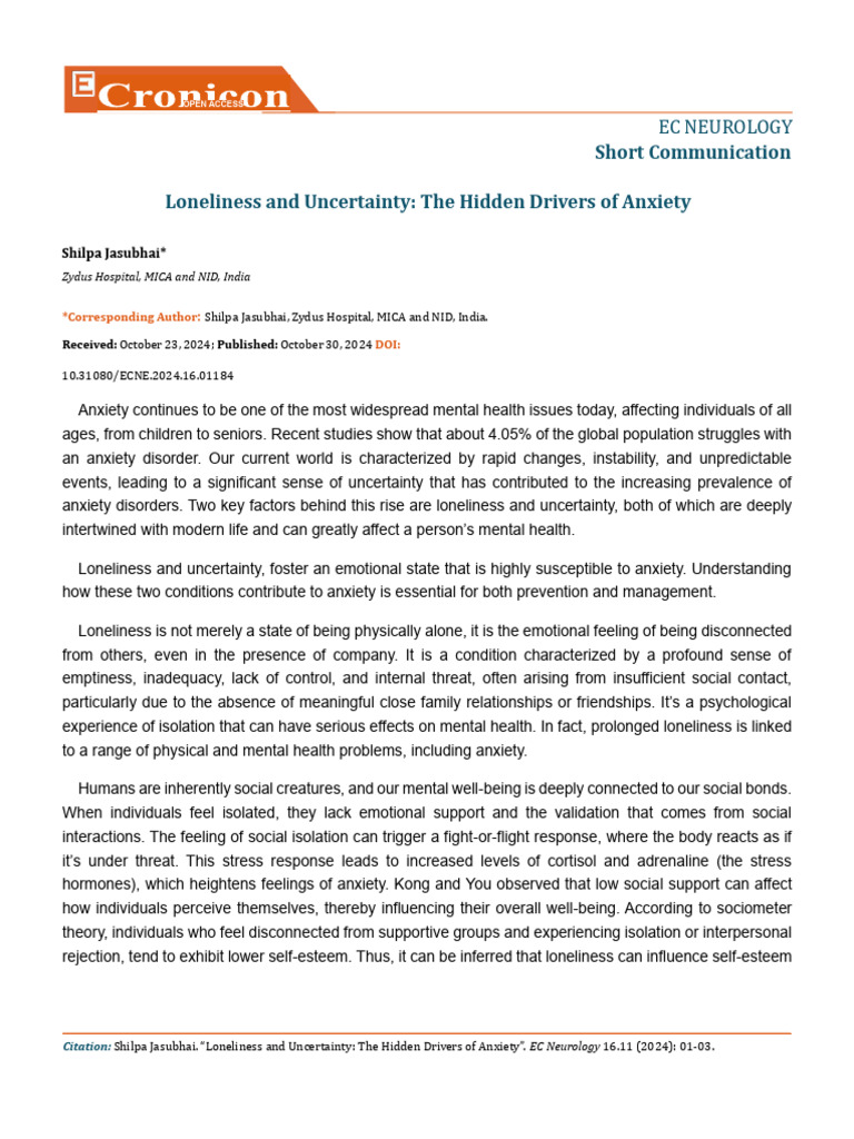 Loneliness and Uncertainity The Hidden Drivers of Anxiety | PDF ...