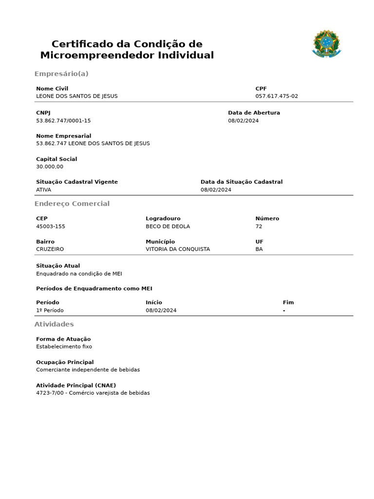 Certificado de Microempreendedor Individual | PDF