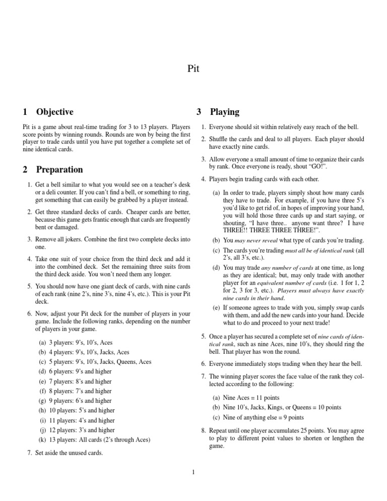 Rules for the game of PIT Playing Cards Toys