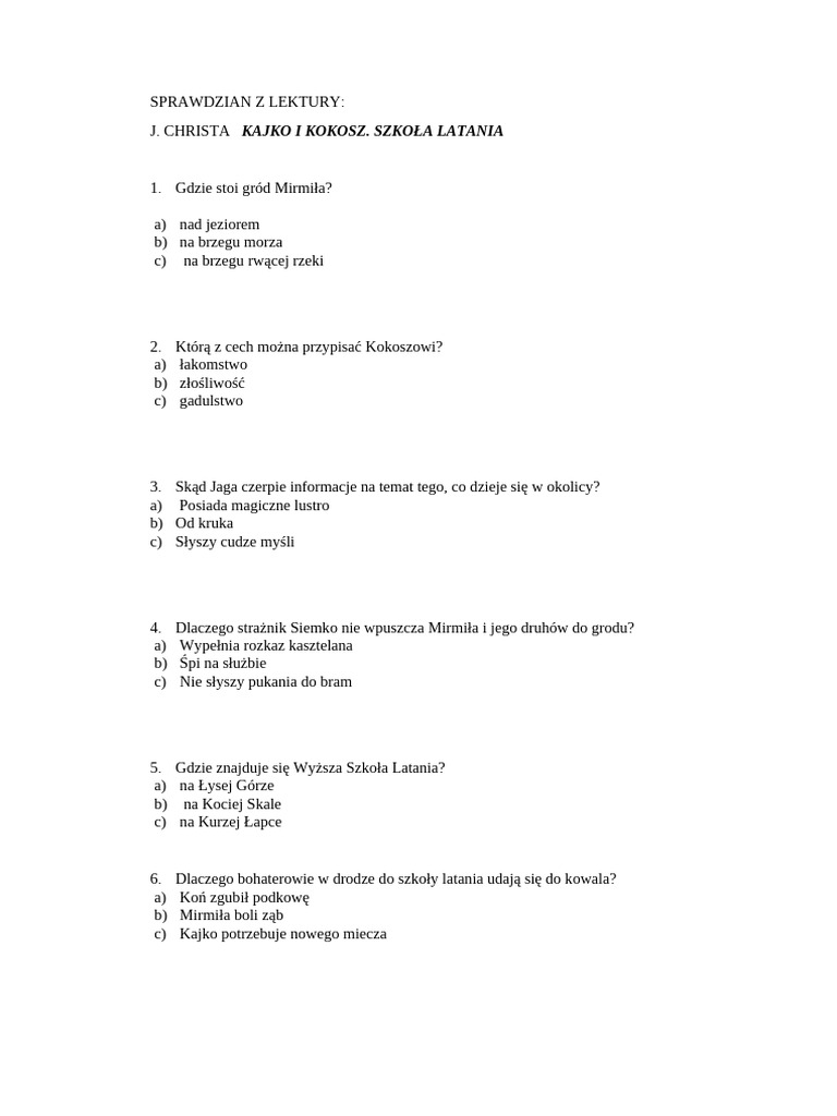 Test Kajko I Kokosz Klasa 4 Sprawdzian Z Lektury Kajko I Kokosz | PDF