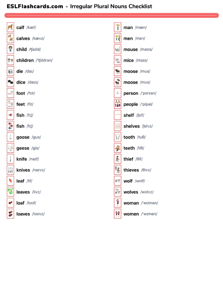 Irregular Plural Nouns Checklist Pdf