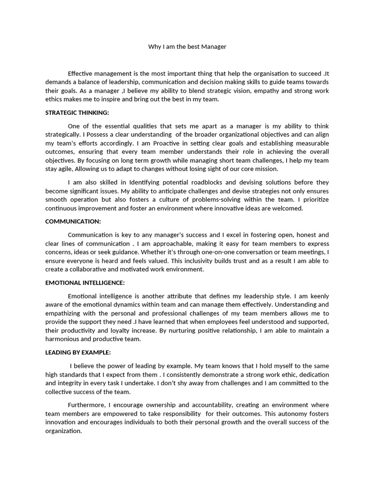Why I Am The Best Manager | PDF | Leadership | Goal