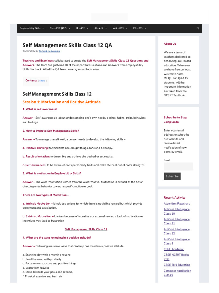 Class 12 Self Management Skills QA | PDF | Personality Disorder | Goal