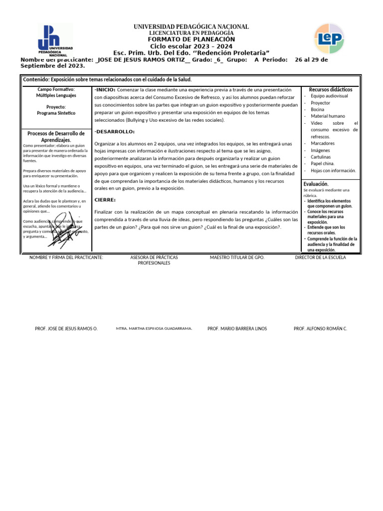 Planeación de Exposición en Primaria | PDF | Cognición | Aprendizaje
