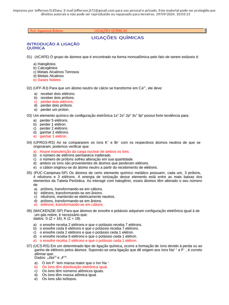 Exercícios Resolvidos sobre Ligações Químicas | PDF | Ligação química ...