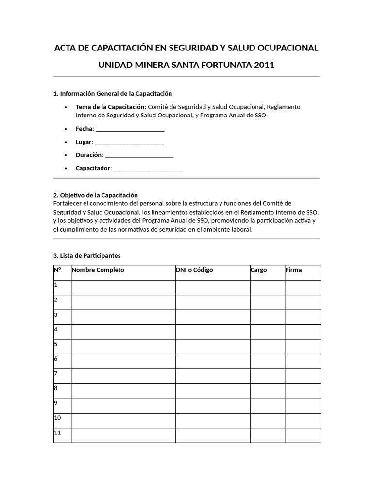 Acta de Capacitación en Seguridad y Salud Ocupacional | PDF