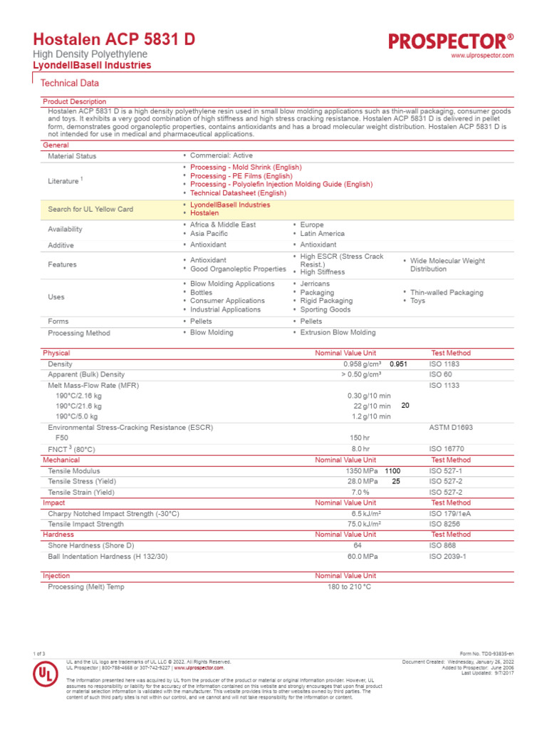 Hostalen ACP 5831 D Technical Data | PDF | Materials | Building Engineering