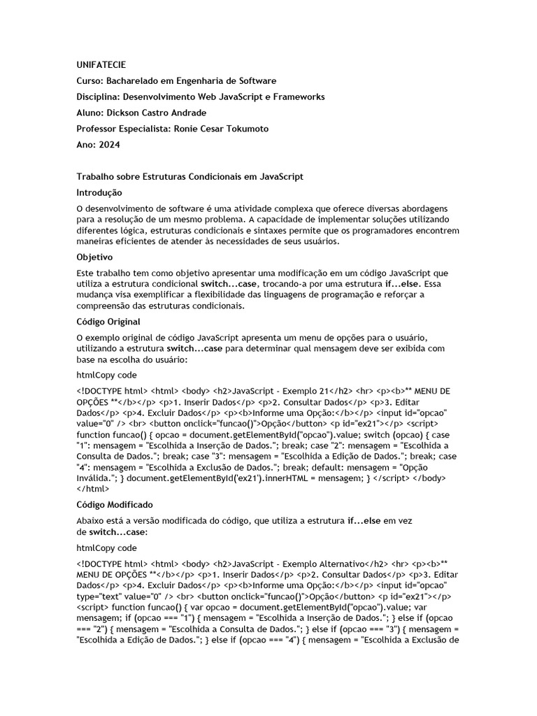 Estruturas Condicionais em JavaScript | PDF | Script Java | Linguagem ...