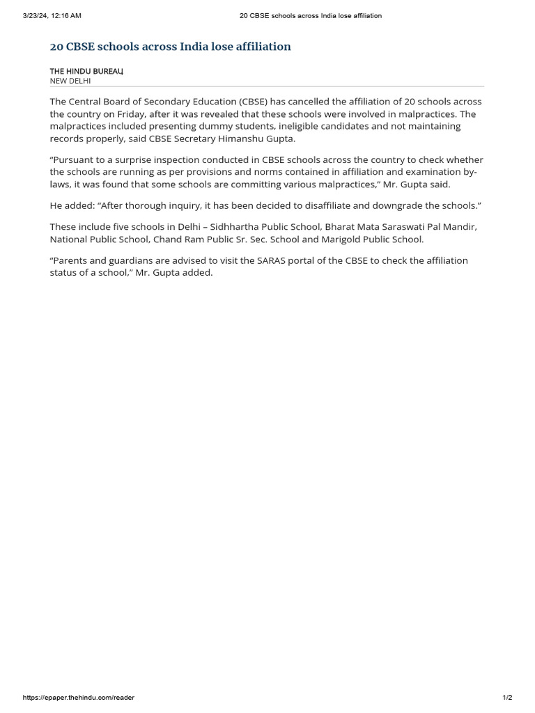 20 CBSE Schools Disaffiliated for Malpractices | PDF